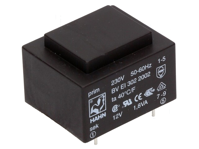 Transformator: ingegoten; 1,8VA; 230VAC; 12V; 150mA; PCB; BVEI Transformator: ingegoten; 1,8VA; 230VAC; 12V; 150mA; PCB; BVEI